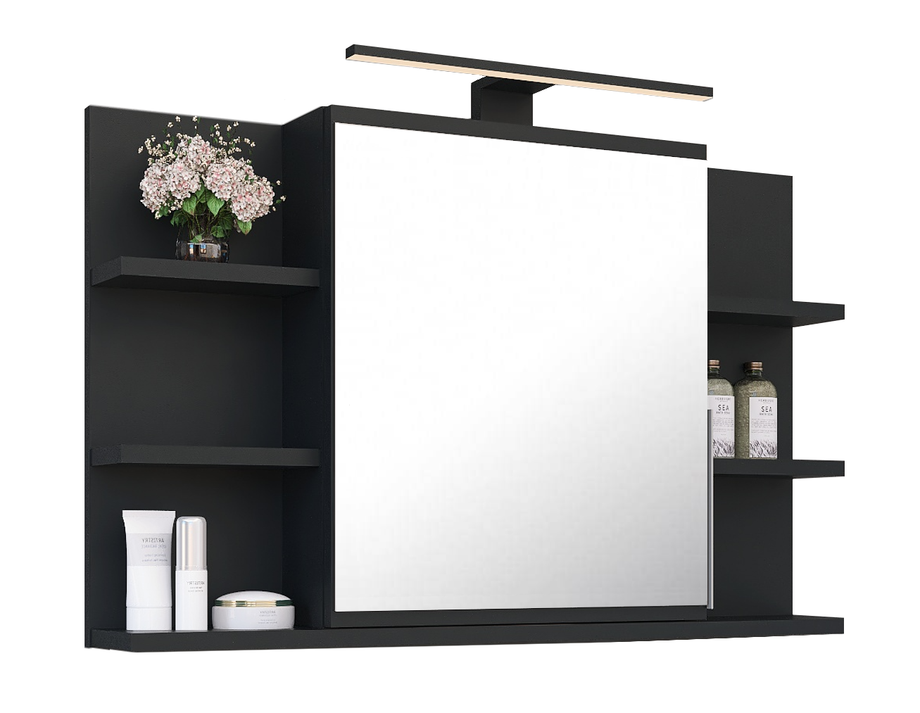 Szafka łazienkowa z lustrem, półkami i oświetleniem LED 80x50 cm - czarna matowa