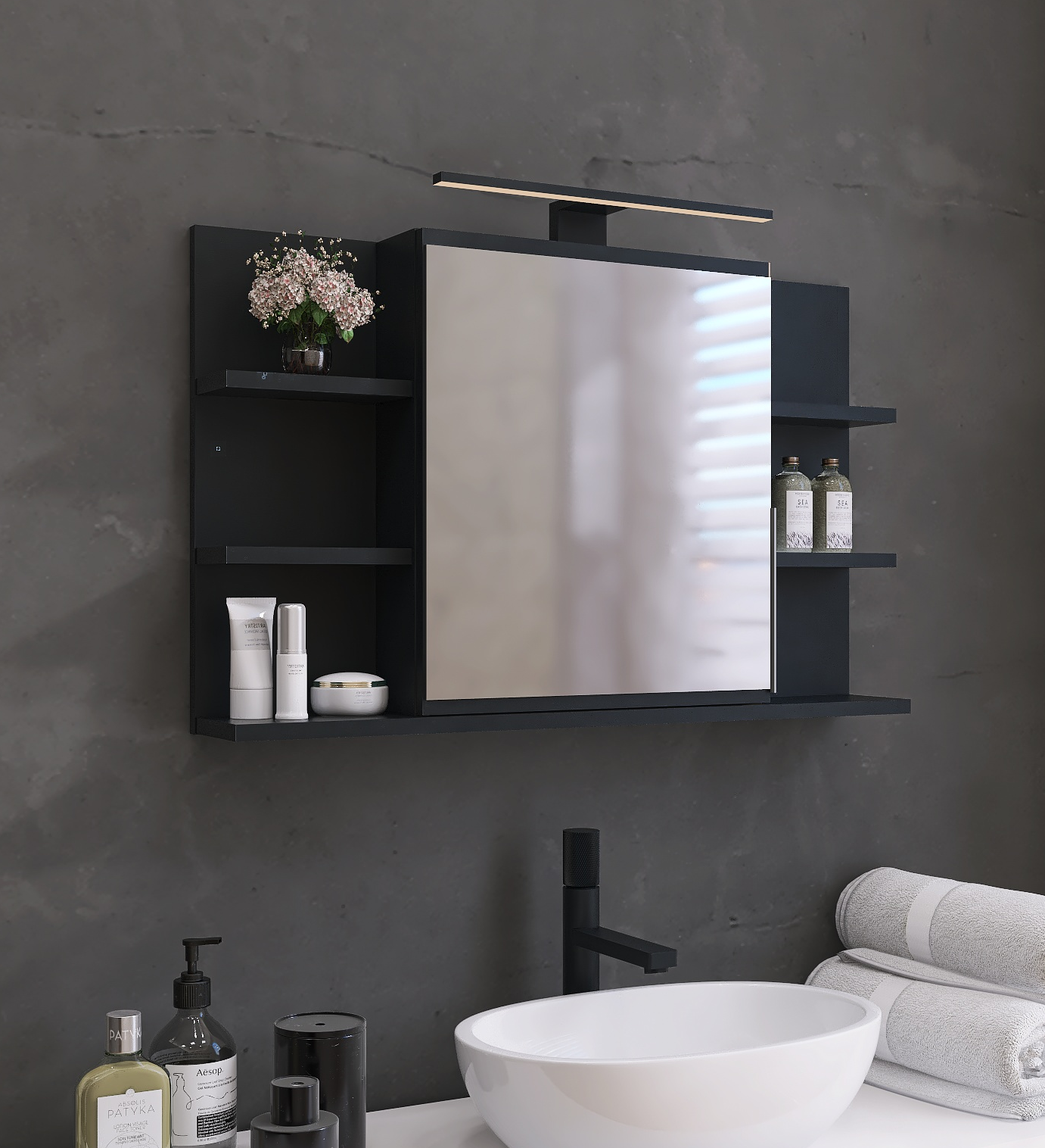 Szafka łazienkowa z lustrem, półkami i oświetleniem LED 80x50 cm - czarna matowa