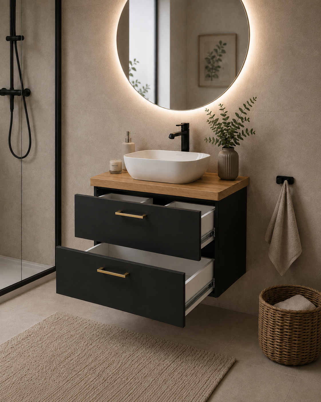 Szafka łazienkowa pod umywalkę podwieszana 50 cm z blatem - czarny + dąb craft złoty