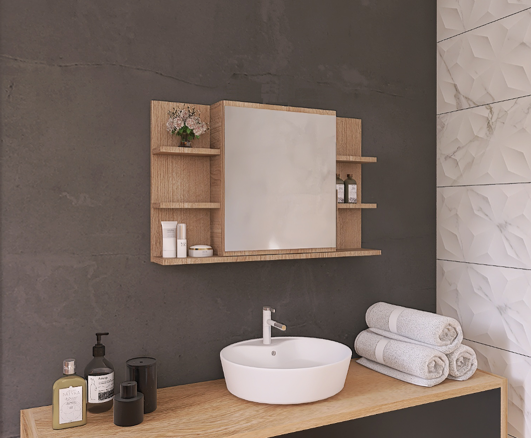 Szafka łazienkowa z lustrem, półkami i oświetleniem LED 80x50 cm - dąb sonoma