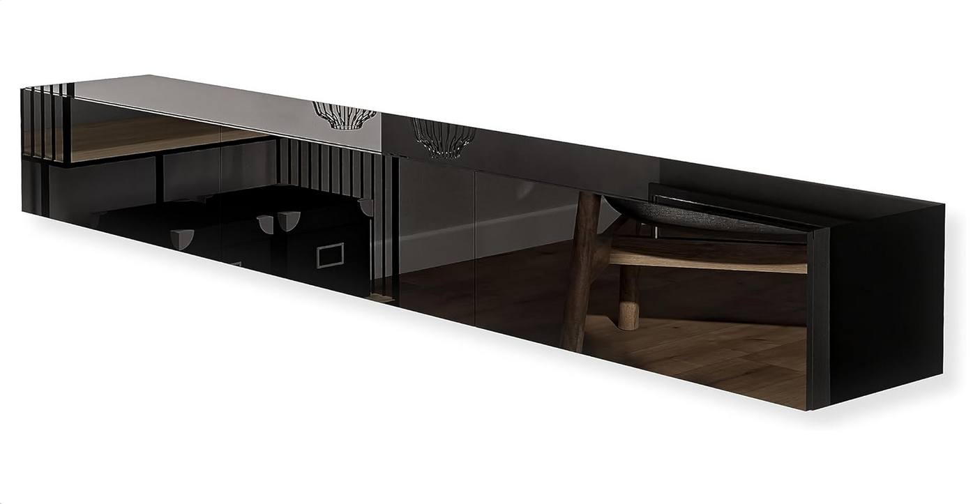 Nowoczesna Szafka RTV - czarna, wysoki połysk, 270 cm