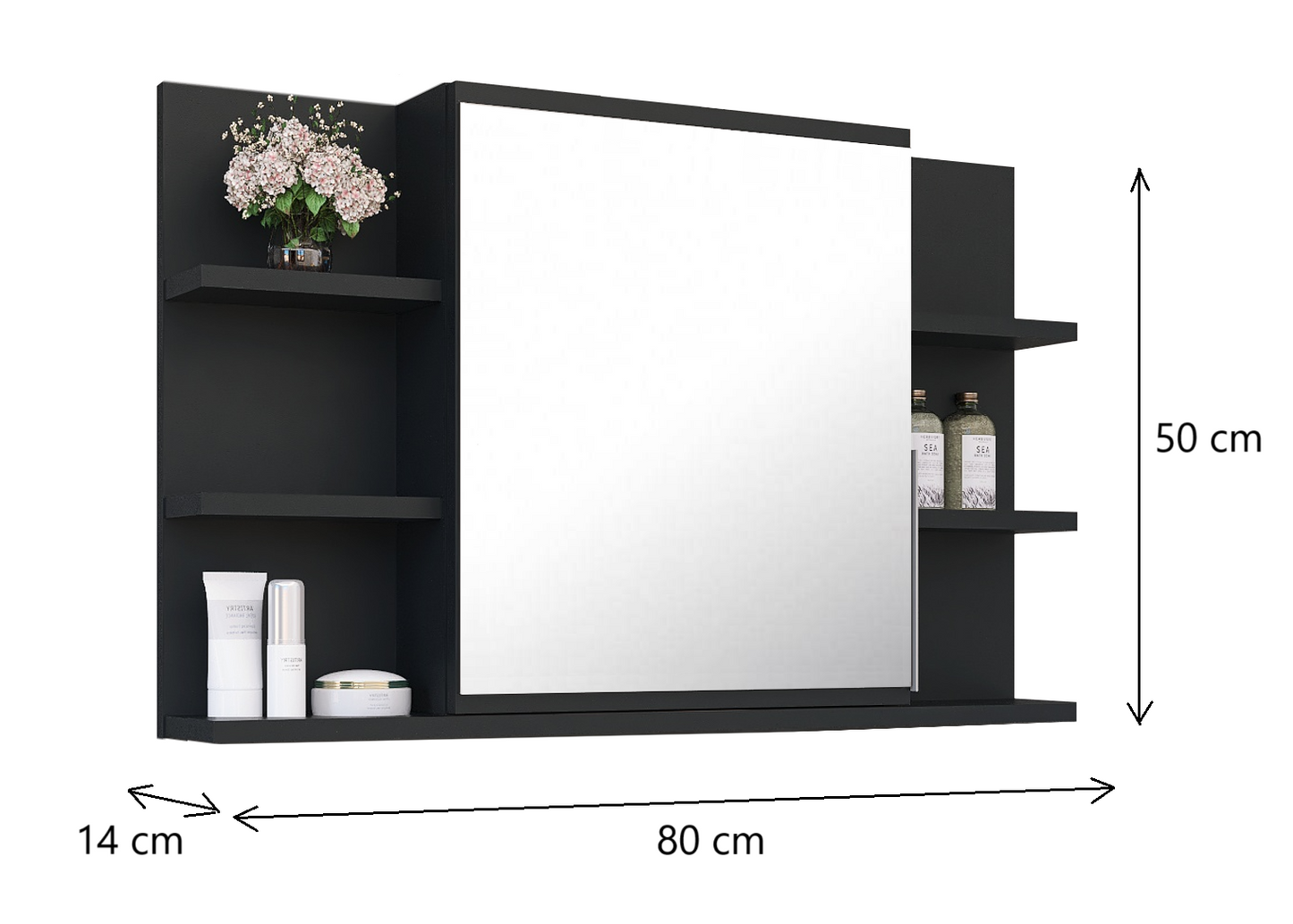 Szafka łazienkowa z lustrem, półkami i oświetleniem LED 80x50 cm - czarna matowa