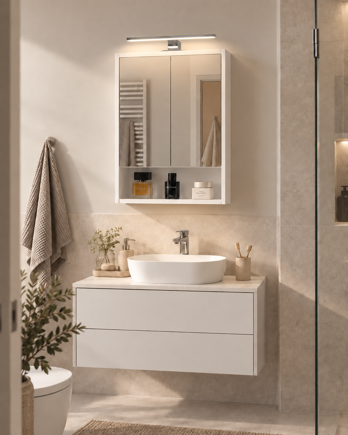 Szafka Łazienkowa Lustrzana Wisząca z Lustrem Biała mat 50x70 cm Lampka LED