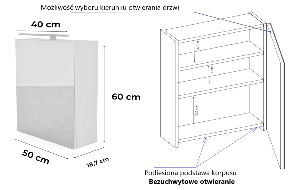 Szafka łazienkowa z lustrem Better Home, 50 x 60 x 18,7 cm, Oświetlenie LED, Biała