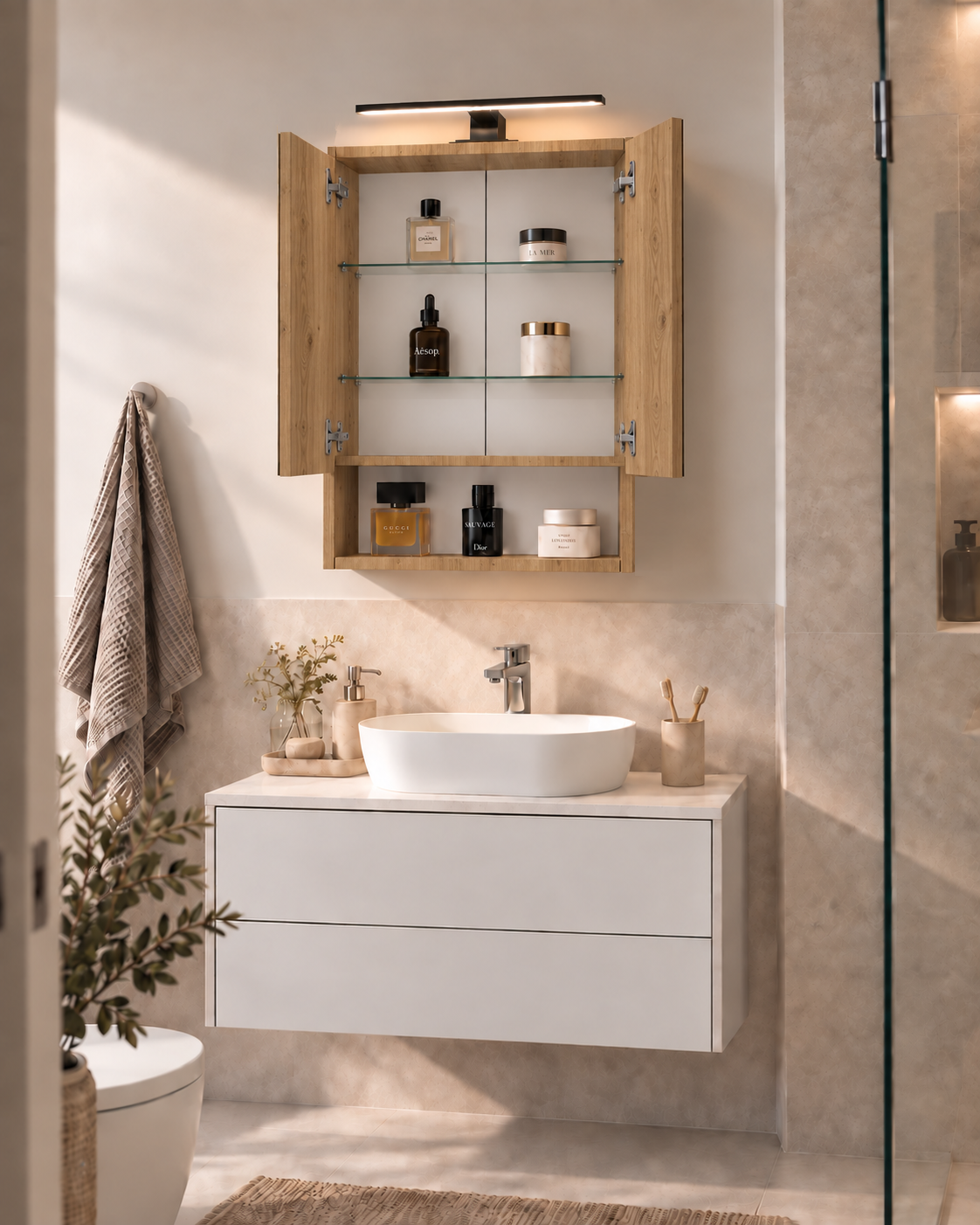 Szafka Łazienkowa Lustrzana Wisząca z Lustrem Dąb Odwieczny 50x70 cm Lampka LED