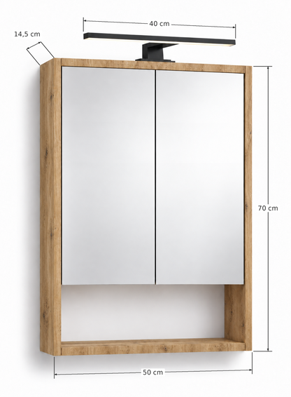Szafka Łazienkowa Lustrzana Wisząca z Lustrem Dąb Odwieczny 50x70 cm Lampka LED