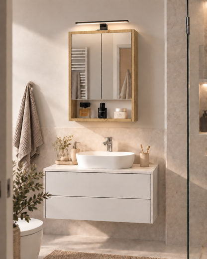 Szafka Łazienkowa Lustrzana Wisząca z Lustrem Dąb Odwieczny 50x70 cm Lampka LED