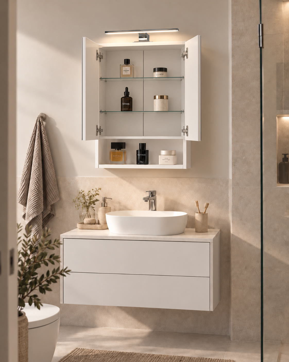 Szafka Łazienkowa Lustrzana Wisząca z Lustrem Biała mat 50x70 cm Lampka LED