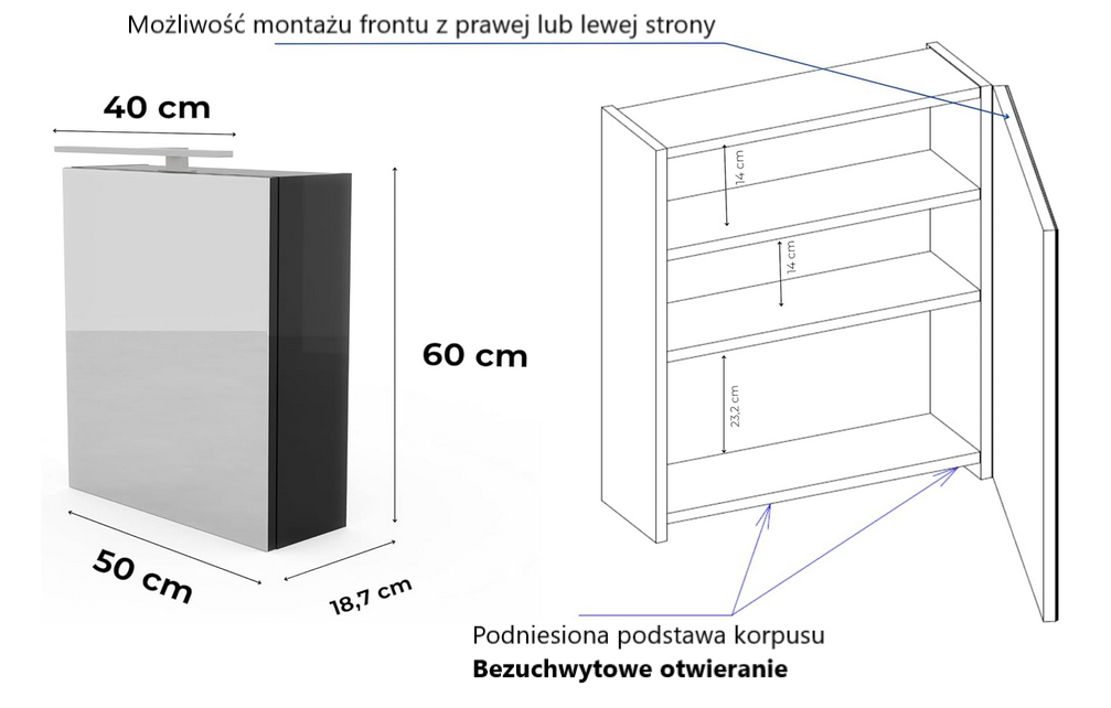 Szafka łazienkowa z lustrem Better Home, 50 x 60 x 18,7 cm, Oświetlenie LED, Czarna
