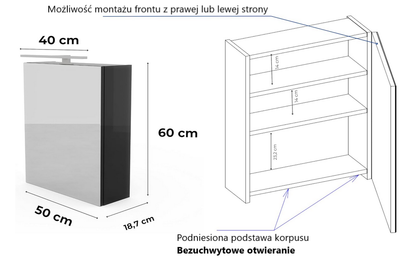 Szafka łazienkowa z lustrem Better Home, 50 x 60 x 18,7 cm, Oświetlenie LED, Czarna