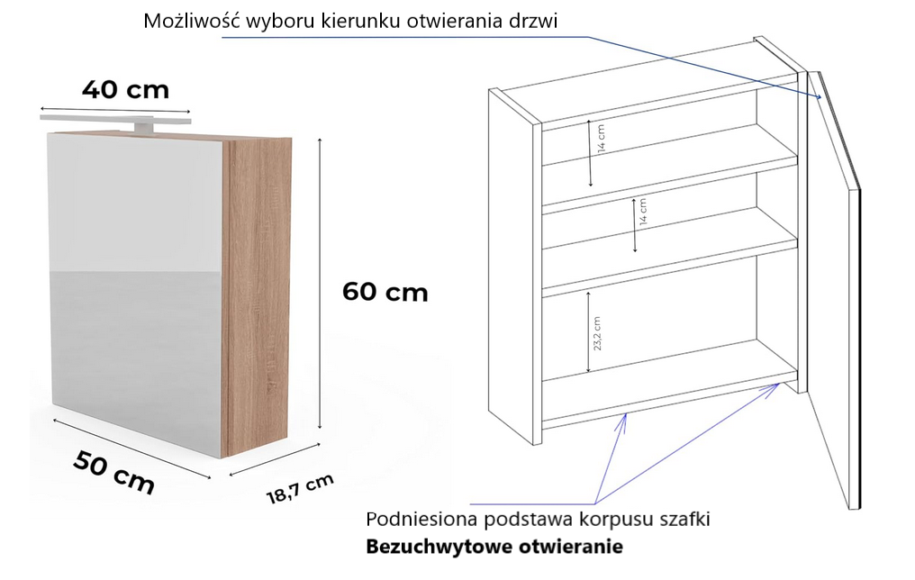 Szafka łazienkowa z lustrem Better Home, 50 x 60 x 18,7 cm, Oświetlenie LED, Dąb sonoma