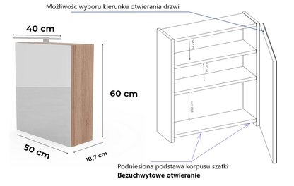 Szafka łazienkowa z lustrem Better Home, 50 x 60 x 18,7 cm, Oświetlenie LED, Dąb sonoma