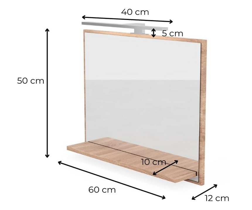 Lustro ścienne prostokątne 60x50 cm z półką i oświetleniem LED - dąb sonoma PREMIUM