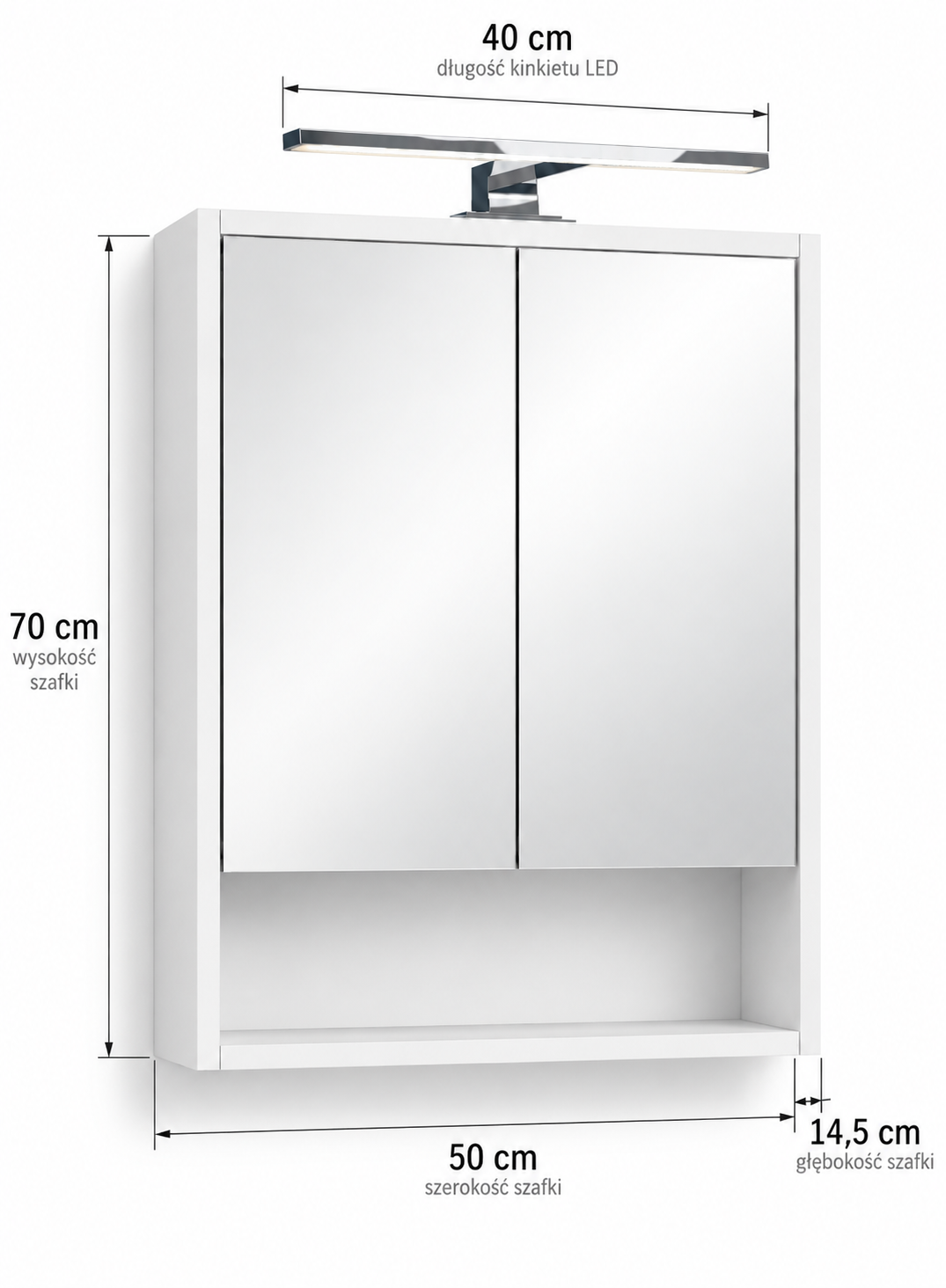 Szafka Łazienkowa Lustrzana Wisząca z Lustrem Biała mat 50x70 cm Lampka LED