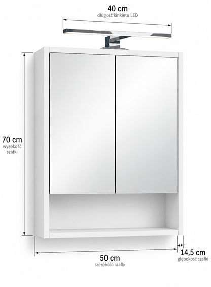 Szafka Łazienkowa Lustrzana Wisząca z Lustrem Biała mat 50x70 cm Lampka LED