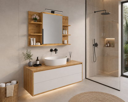 SZAFKA ŁAZIENKOWA Z LUSTREM I LED 80/50 CM SZAFKA LUSTRZANA DĄB CRAFT ZŁOTY