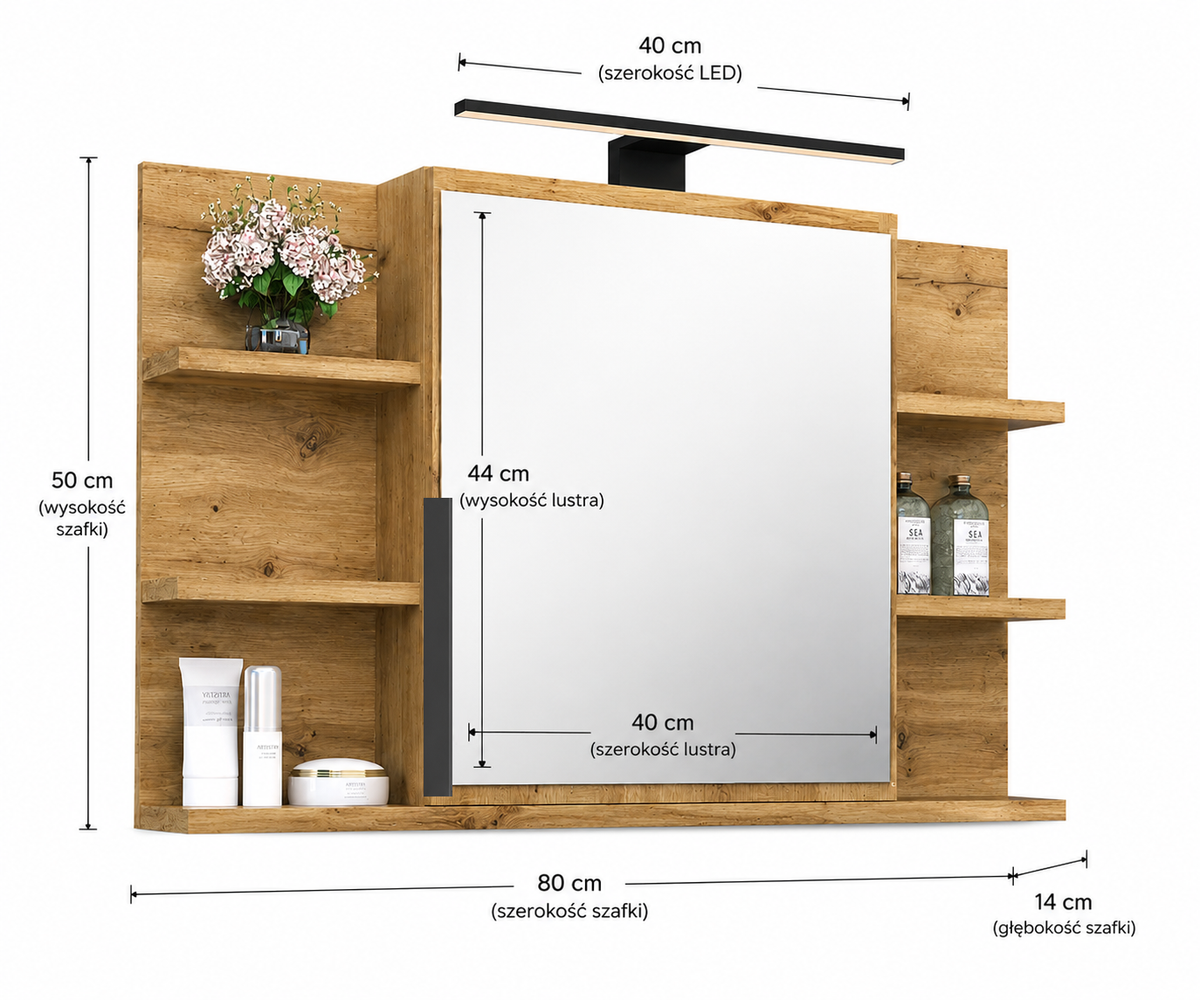 SZAFKA ŁAZIENKOWA Z LUSTREM I LED 80/50 CM SZAFKA LUSTRZANA DĄB CRAFT ZŁOTY